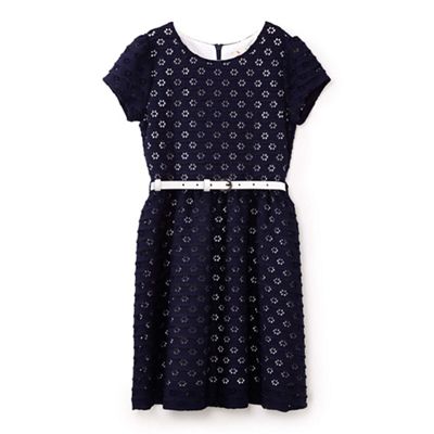 Girls' navy lace belted occasion dress